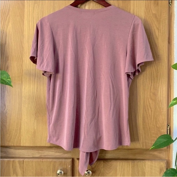 Green Envelope Top Front Tie Rose Blush Pink Vneck Button Down Flowy Boho Shirt - Picture 2 of 4